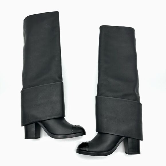CHANEL Black CC Logo Tall Heeled Boots Size 37 Cap Toe Leather Fold Over - Picture 4 of 10